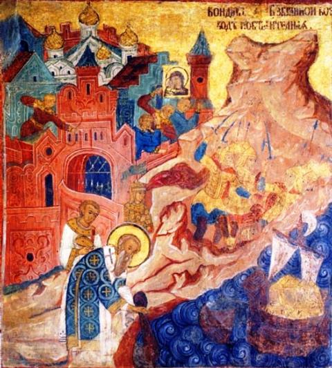 Fresco que mostra o imperador bizantino Miguel III, o Ébrio e o Patriarca Fócio a colocarem o véu da Theotokos no mar.