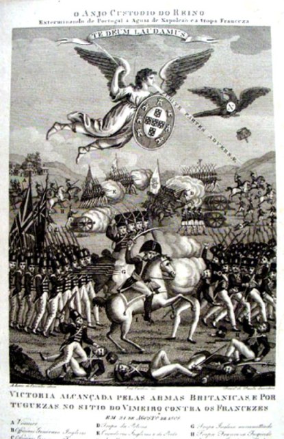 Gravura que mostra a tropa francesa a ser derrotada pelo Anjo Custódio. Batalha do Vimieiro. Gravura a buril de João Cardini, a partir de obra de Francisco de Paula.