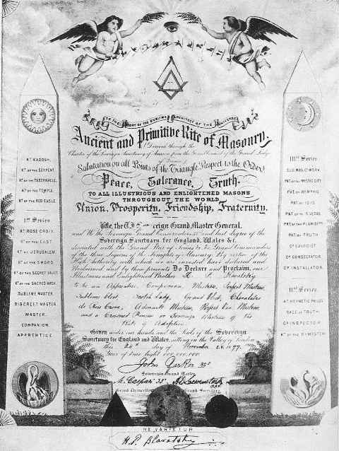 Diploma maçónico de Helena Petrovna Blavatsky