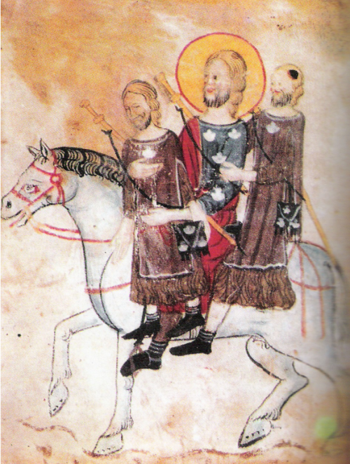 Pintura medieval de Santiago e seus Apóstolos montados num só cavalo